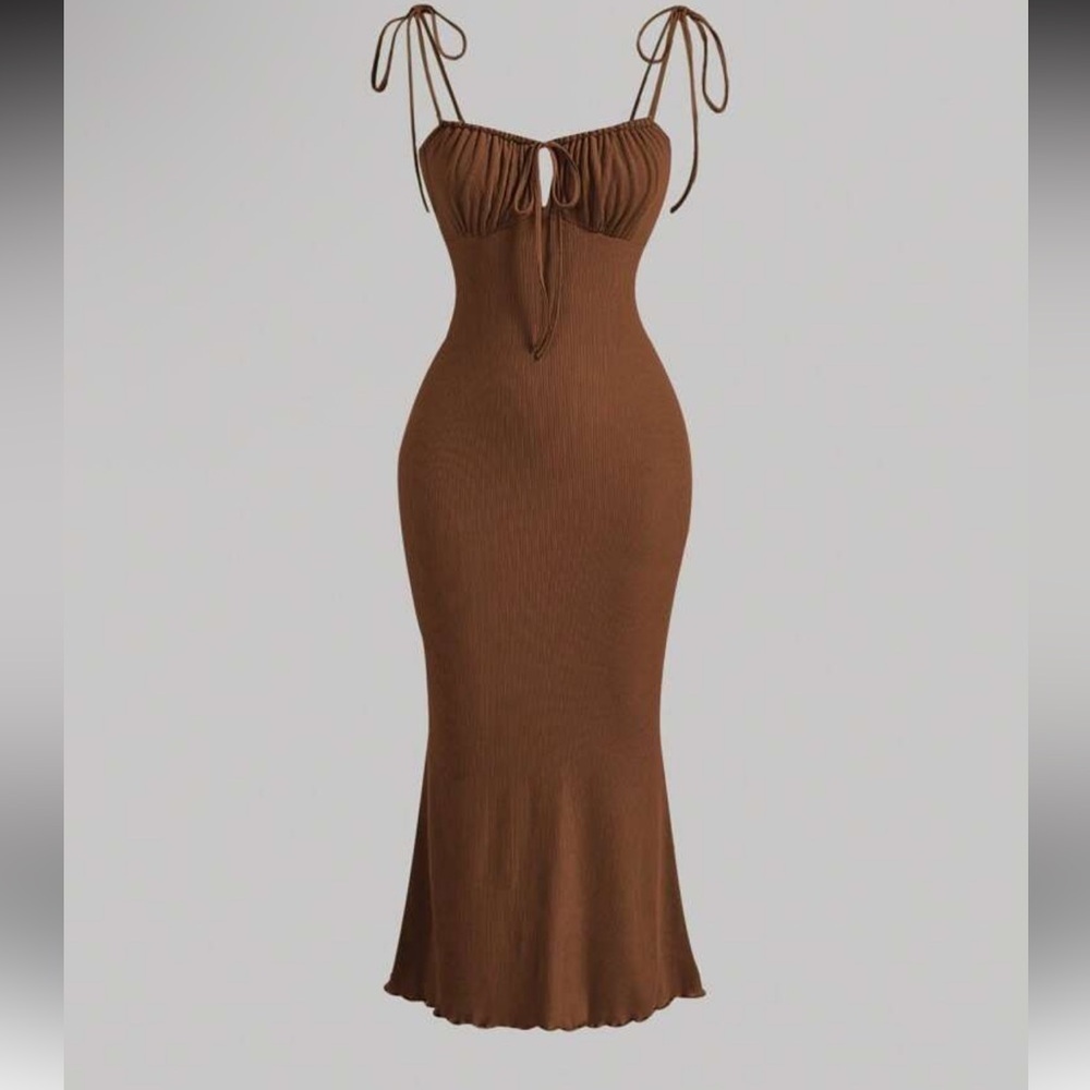 brown Backless Halter Bodycon Midi Dress